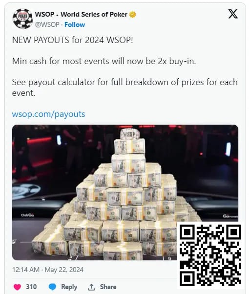 【ACR扑克】2024年WSOP奖金结构升级，蕞低可拿到两倍门票钱