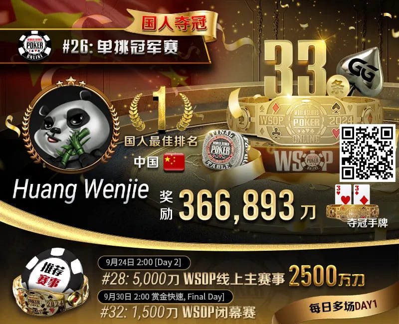 【ACR扑克】WSOP国人首冠出炉！黄文杰力压茅人及 勇夺#26单挑赛冠军，前主赛冠军也成手下败将！